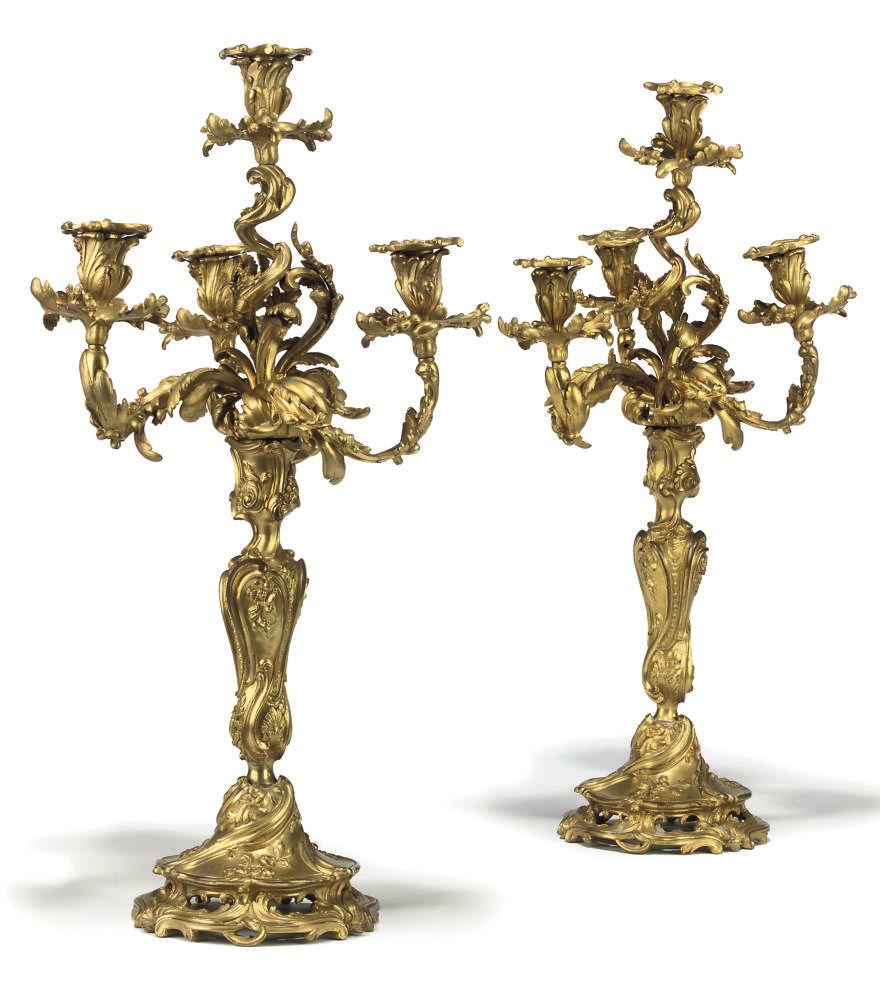 A PAIR OF FRENCH GILT-BRONZE FOUR-LIGHT CANDELABRA