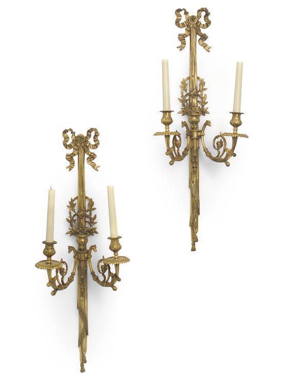 A PAIR OF GILT-BRONZE TWIN-LIGHT WALL APPLIQUES