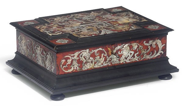A FRENCH TORTOISESHELL AND MOTHER-OF-PEARL VENEERED CASKET