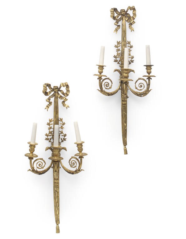A PAIR OF GILT-BRONZE THREE BRANCH WALL APPLIQUES