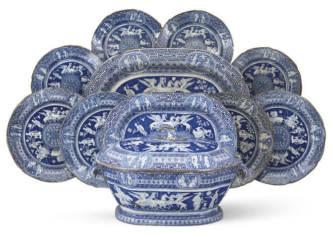 AN ENGLISH PEARLWARE BLUE AND WHITE 'GREEK' PATTERN PART DINNER-SERVICE