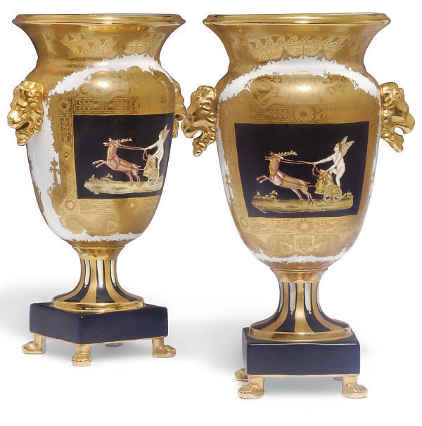 A PAIR OF CONTINENTAL PORCELAIN GILT-GROUND VASES