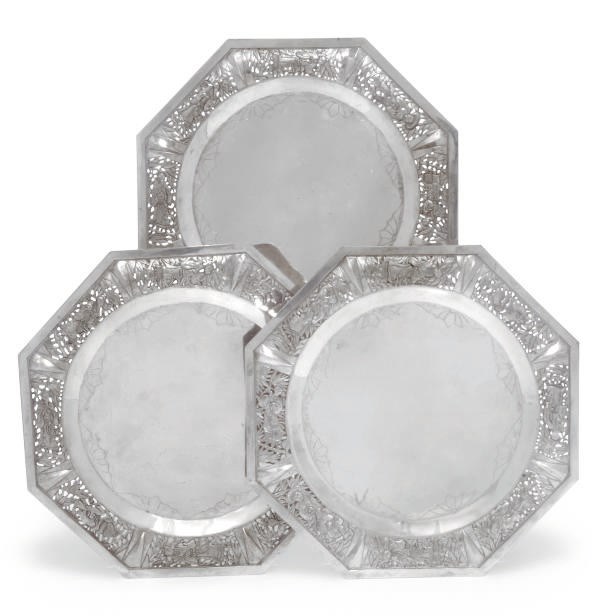 Six Chinese octagonal silver dishes