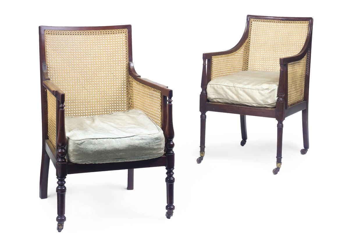 TWO VICTORIAN MAHOGANY AND CANED BERGERES