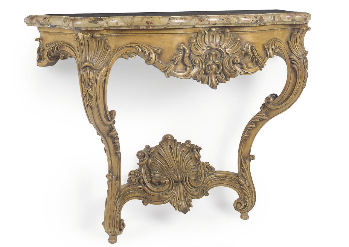 A FRENCH STAINED AND CARVED BEECH CONSOLE TABLE