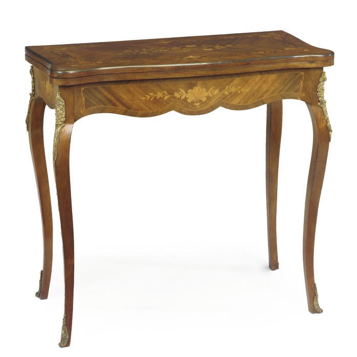 A FRENCH GILT METAL MOUNTED MARQUETRY AND ROSEWOOD CROSSBANDED CARD TABLE