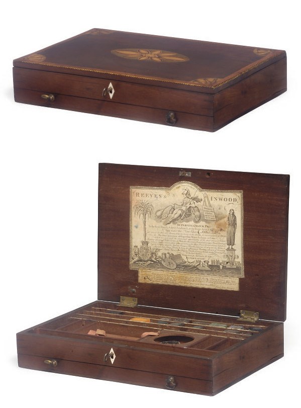 A GEORGE III MAHOGANY AND INLAID PAINT BOX