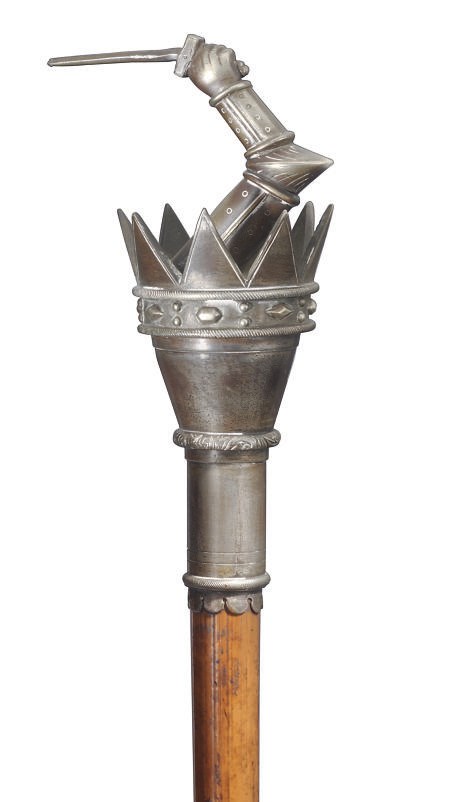 A GEORGE III MALACCA AND SILVER-PLATED STAFF