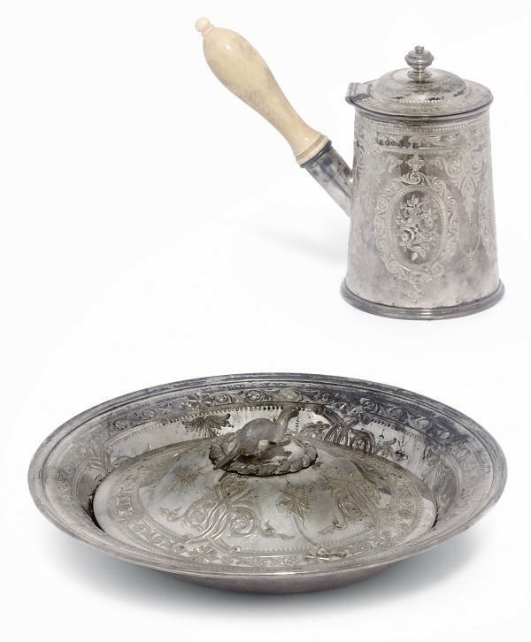 A VICTORIAN PROVINCIAL SILVER BUTTER DISH STAND AND COVER