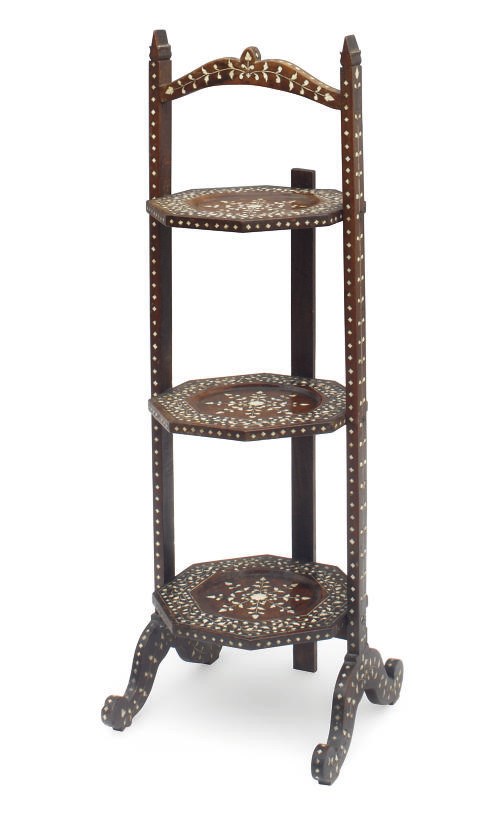AN OTTOMAN BONE INLAID WOOD CAKE STAND