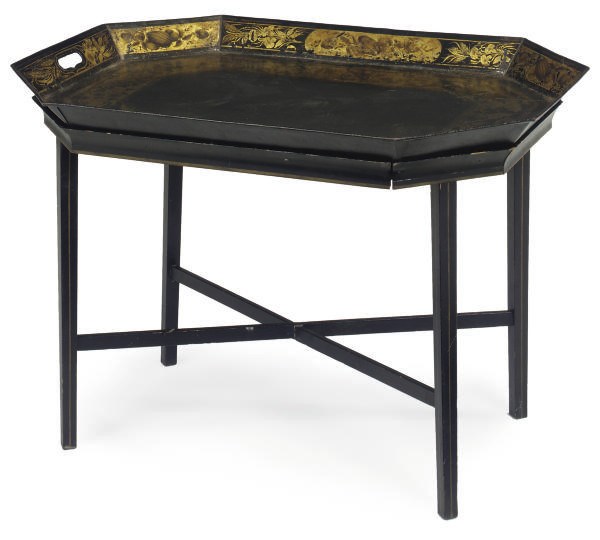 AN EARLY VICTORIAN TOLE PEINTE TRAY ON STAND