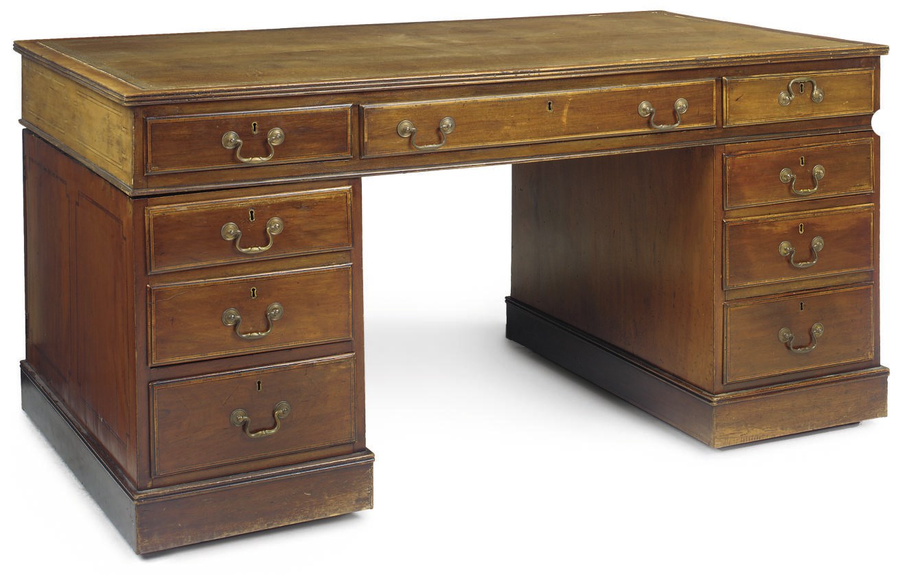 AN EDWARIAN MAHOGANY AND KINGWOOD INLAID PARTNER'S PEDESTAL DESK