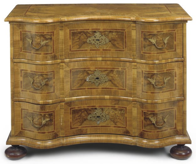 A GERMAN WALNUT AND INLAID COMMODE