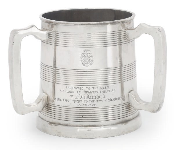 SCOTTISH MILITARY INTEREST - A VICTORIAN ELECTROPLATED 3-HANDLED LOVING CUP TYG