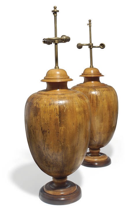 A PAIR OF STAVED-WOOD TABLE LAMPS