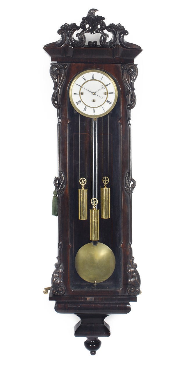 A German Vienna type stained fruitwood grande sonnerie eight day wall regulator