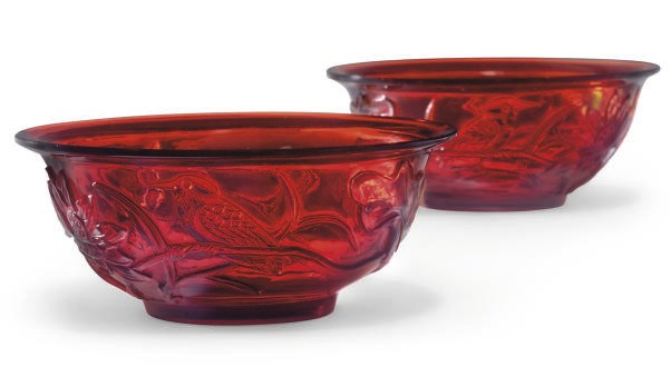 A Pair of Chinese transluscent red glass bowls