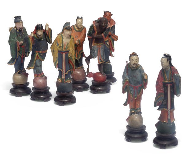 A Group of Chinese painted wood figures of the eight immortals