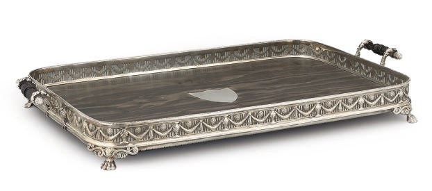 A VICTORIAN SILVER-MOUNTED WOODEN GALLERY TRAY