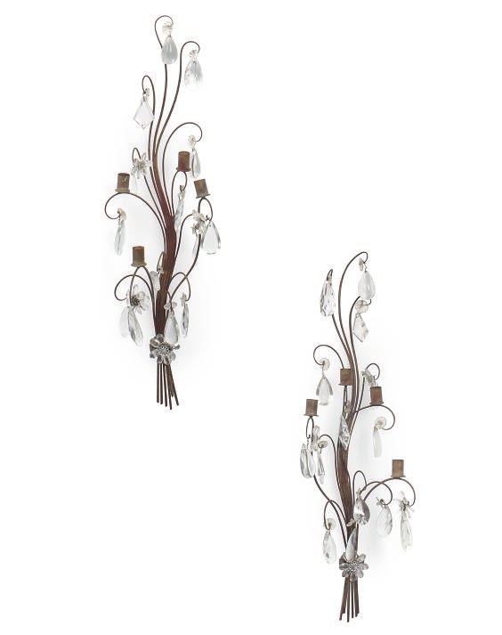 A PAIR OF FRENCH PAINTED METAL AND GLASS LUSTRE WALL APPLIQUES