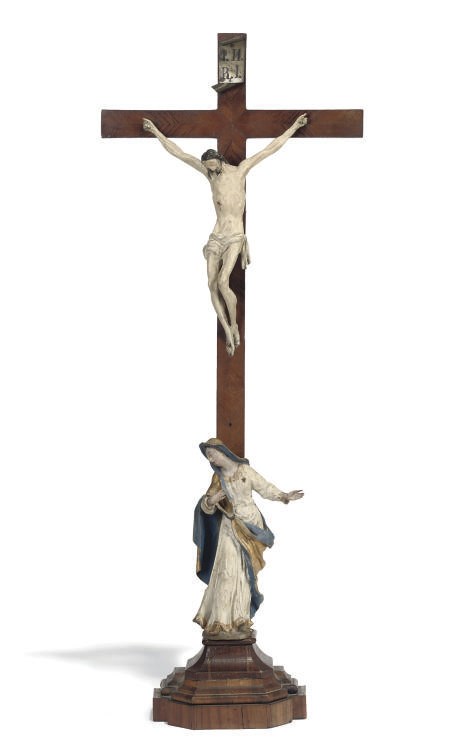 A SOUTH GERMAN POLYCHROME CARVED WOOD CRUCIFIXION