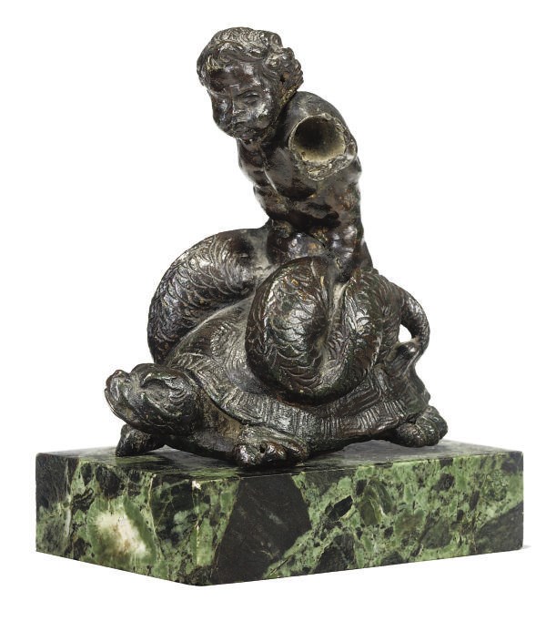 AN ITALIAN BRONZE GROUP OF A MERMAN RIDING A TURTLE