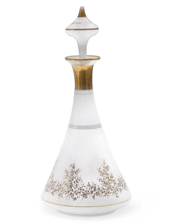 A CONTINENTAL SEMI-OPAQUE GLASS BOTTLE AND STOPPER