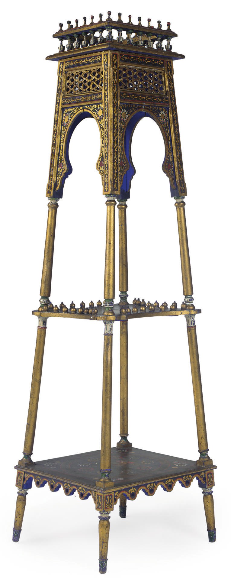 A KASHMIRI PARCEL-GILT PAINTED THREE-TIER URN STAND