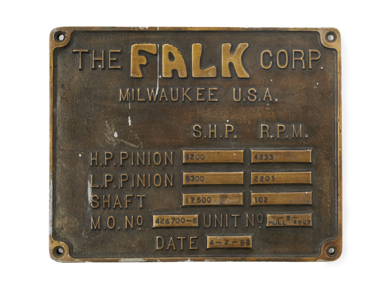 An Engine/Turbine builder's plate for the S.S. Monterey