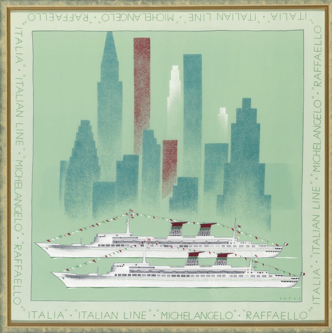 A Framed scarf for the Italian Line featuring the S.S. Michelangelo and S.S. Raffaello