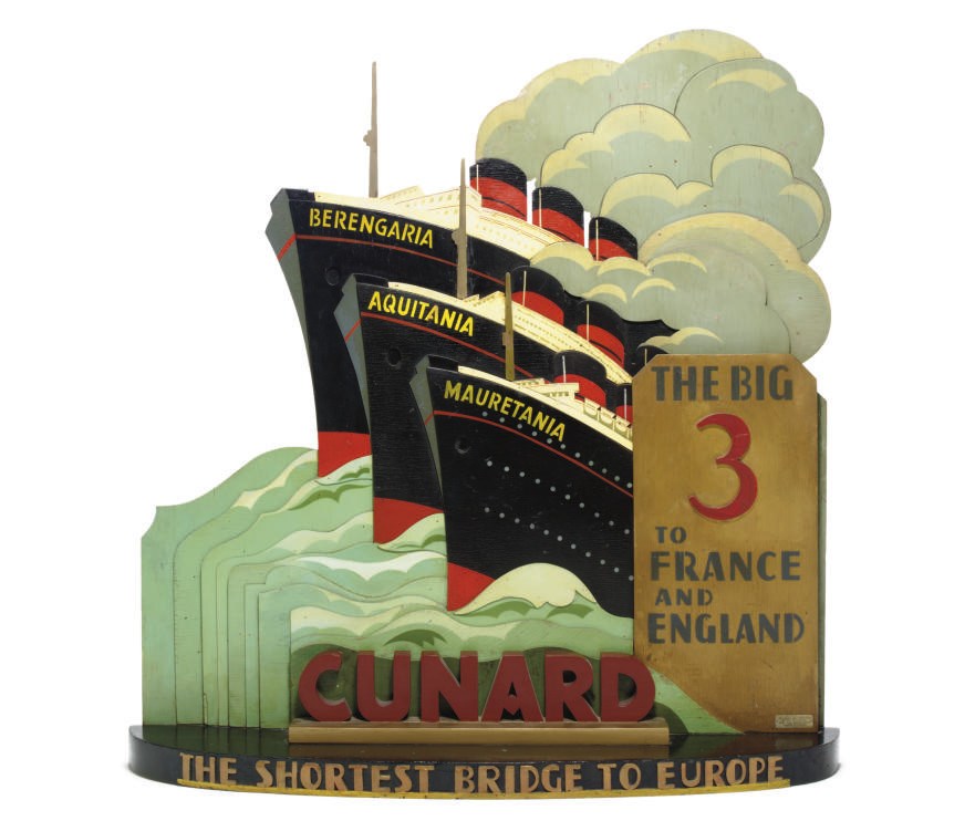 A wooden display sign "The Big 3 To France and England" for the Cunard Line