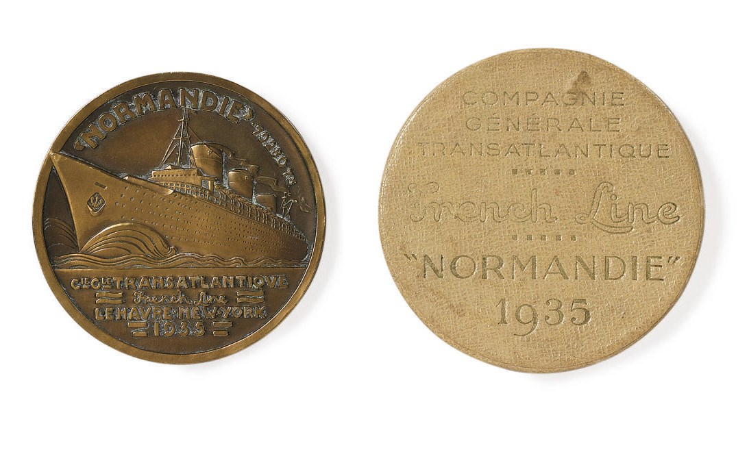 A bronze maiden voyage medallion from the S.S. Normandie