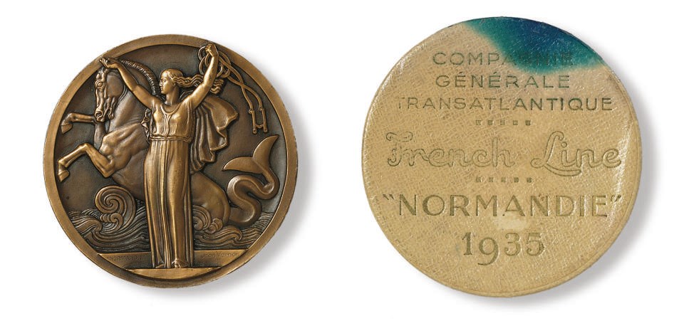 A bronze maiden voyage medallion from the S.S. Normandie for the French Line, circa 1935