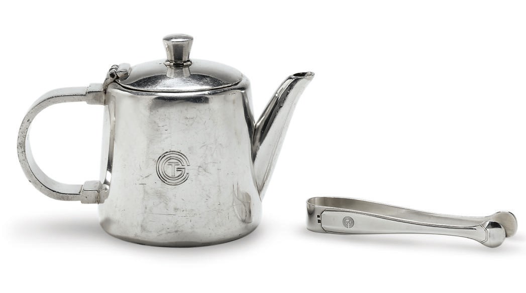 A tea pot and sugar tongs in plate for the French Line (CGT)
