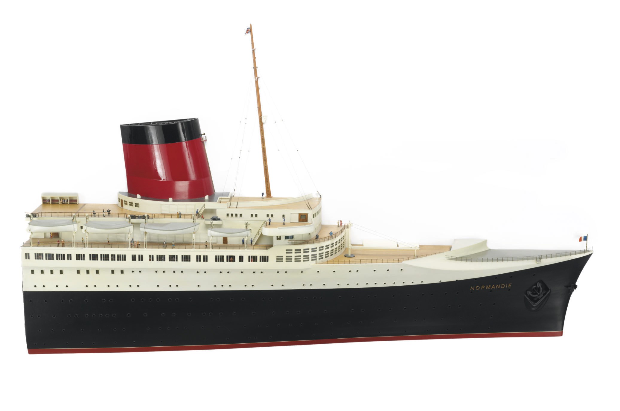 An exhibition standard waterline half model of the forward section of the S.S. Normandie