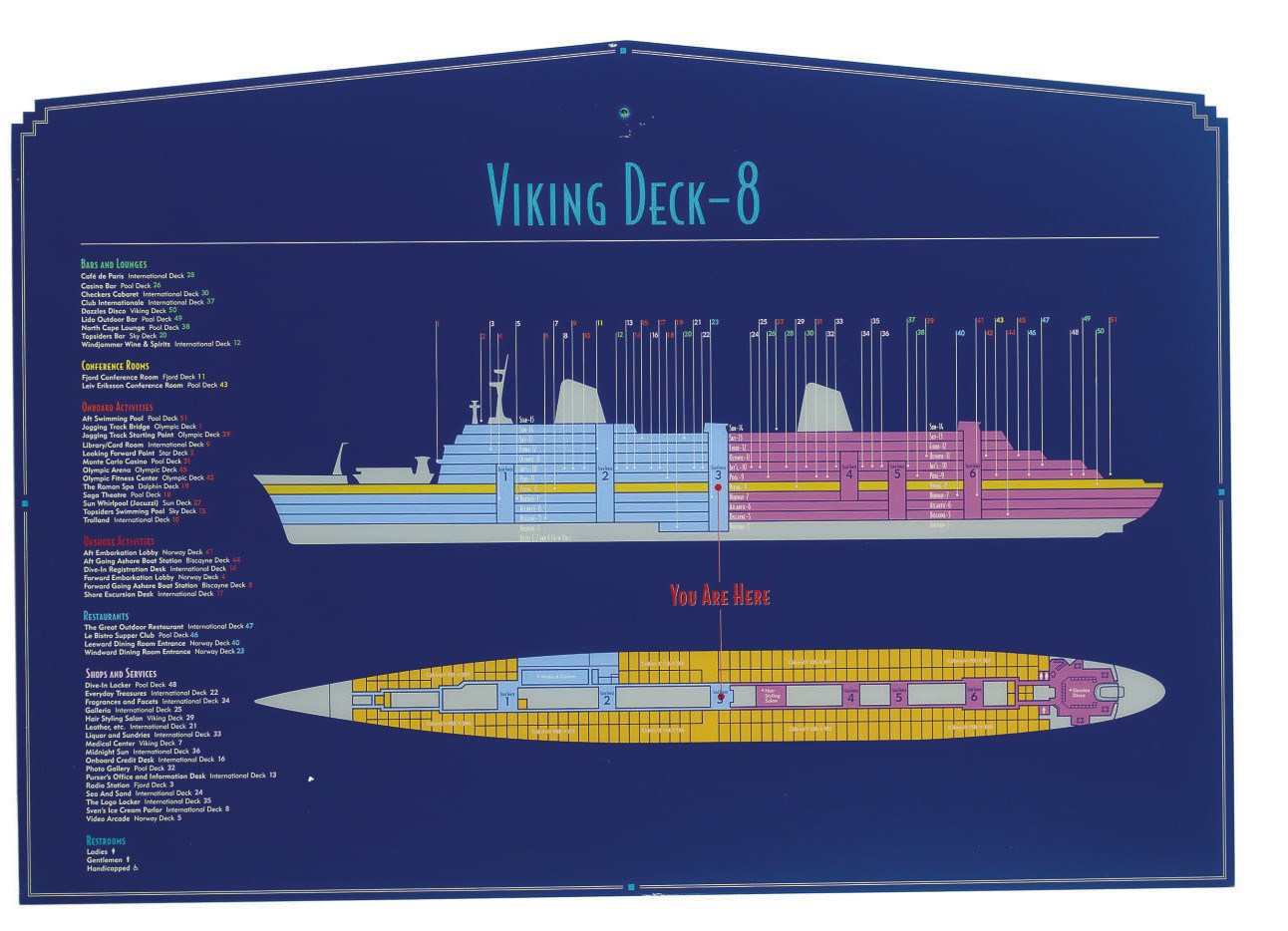 A large acrylic sign for the "Viking Deck" on board the S.S. Norway