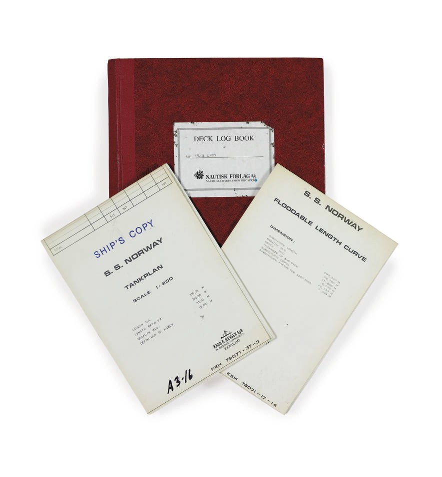 A set of plans and a log book from the S.S. Norway