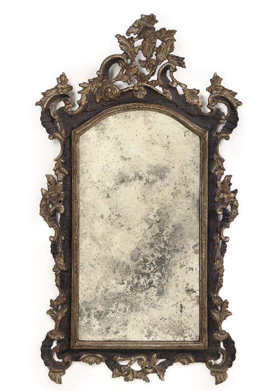 A NORTH ITALIAN GILTWOOD, GILT-JAPANNED AND MOTHER-OF-PEARL-INLAID MIRROR