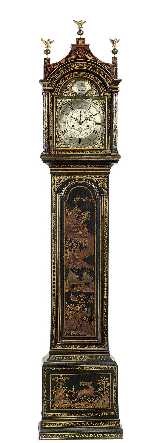 A GEORGE III BLACK AND GILT-JAPANNED LONGCASE CLOCK