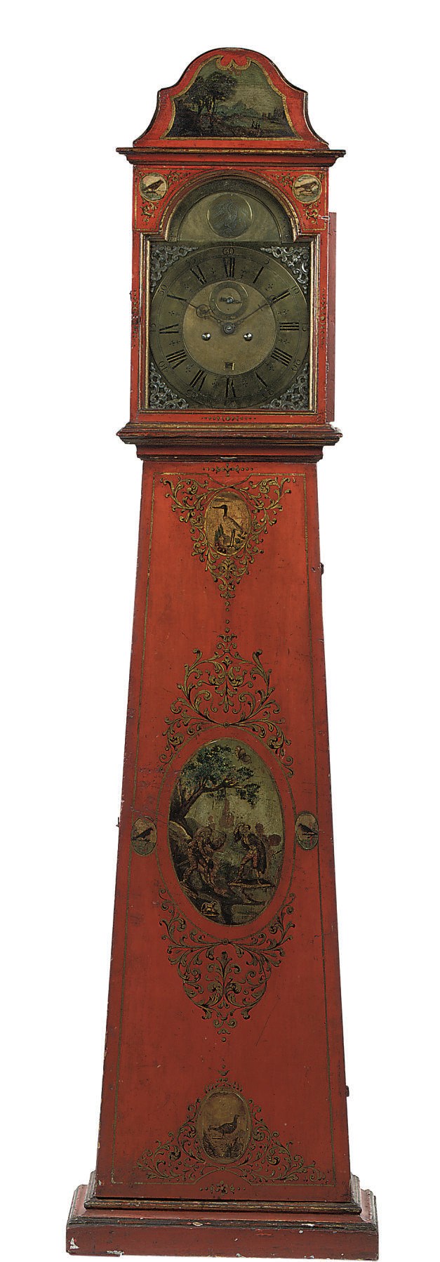 A SCANDINAVIAN RED-JAPANNED, PARCEL-GILT AND DECOUPAGE CLOCK CASE