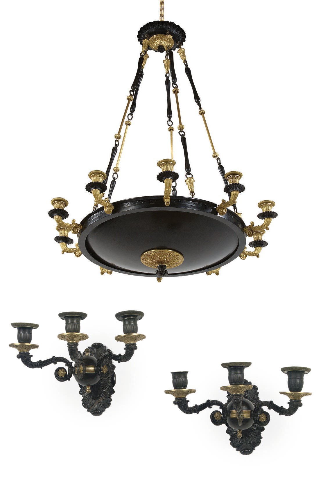 A PAIR OF CHARLES X ORMOLU AND PATINATED BRONZE THREE-LIGHT WALL APPLIQUES