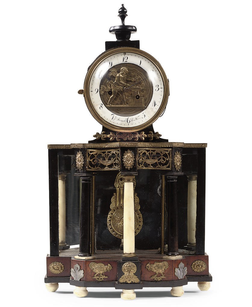 AN AUSTRIAN GILT-BRASS MOUNTED, WALNUT, FRUITWOOD, ALABASTER AND PEN-ENGRAVED AUTOMATON MANTEL CLOCK
