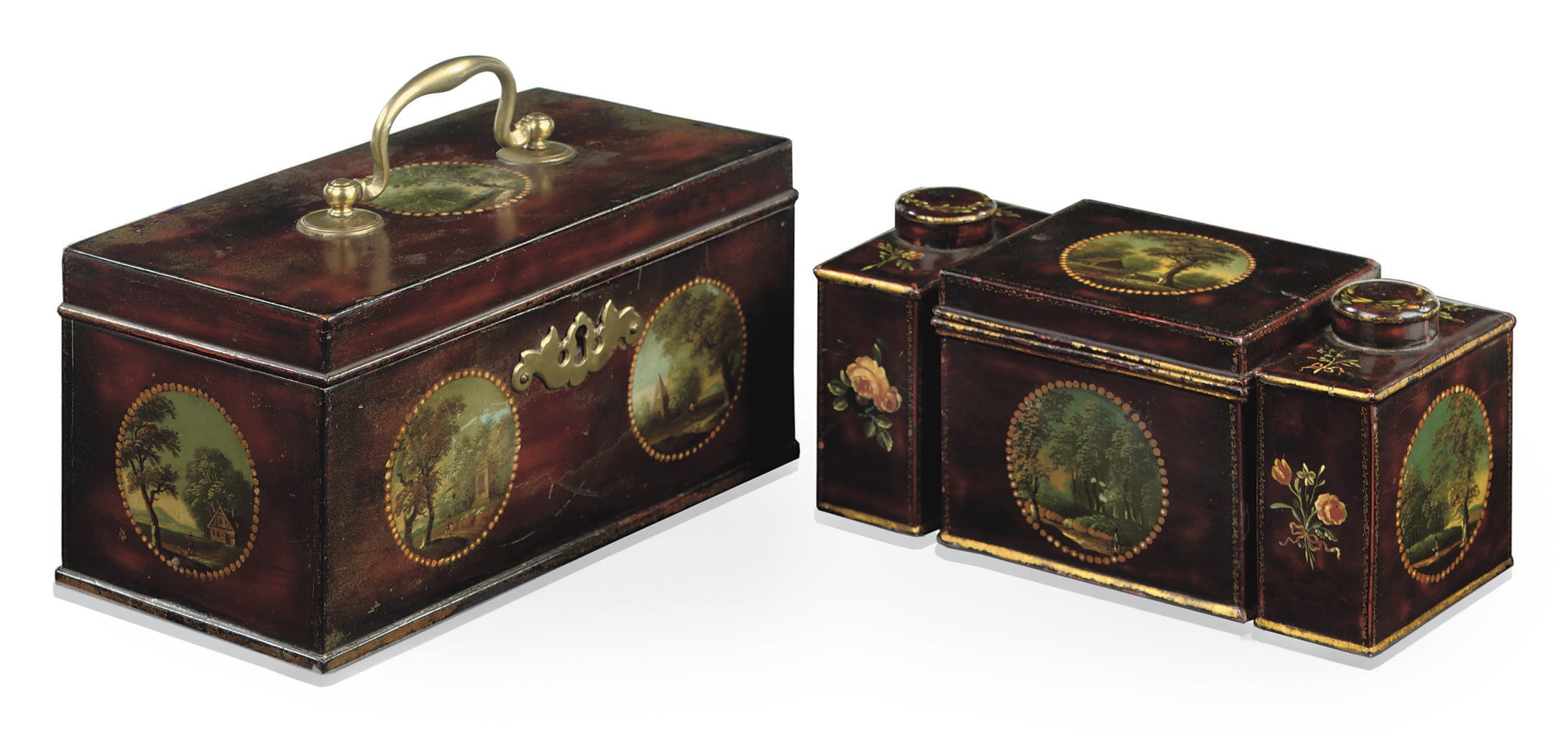 A GERMAN POLYCHROME DECORATED PAPIER MACHE AND 'TÔLE PEINTE' TEA-CADDY