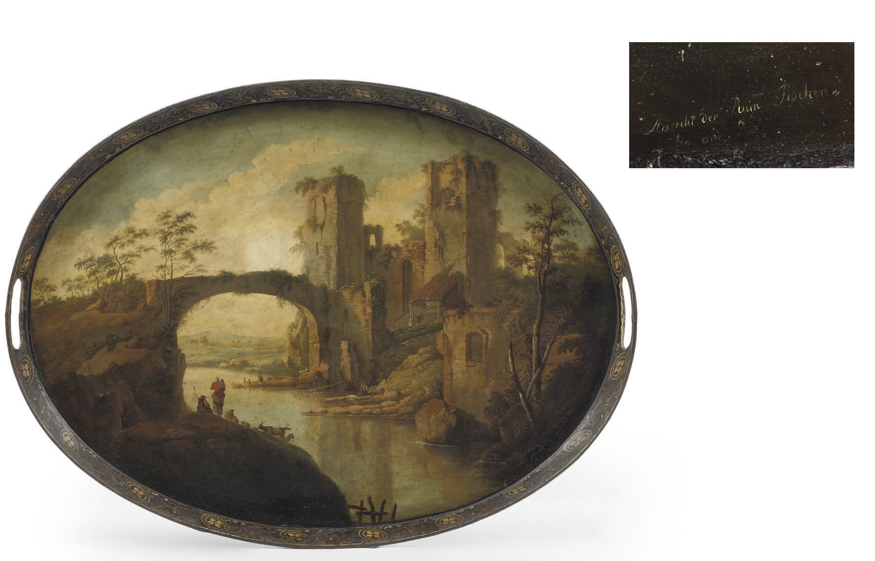 A GERMAN POLYCHROME-PAINTED AND PARCEL-GILT 'TÔLE PEINTE' TRAY