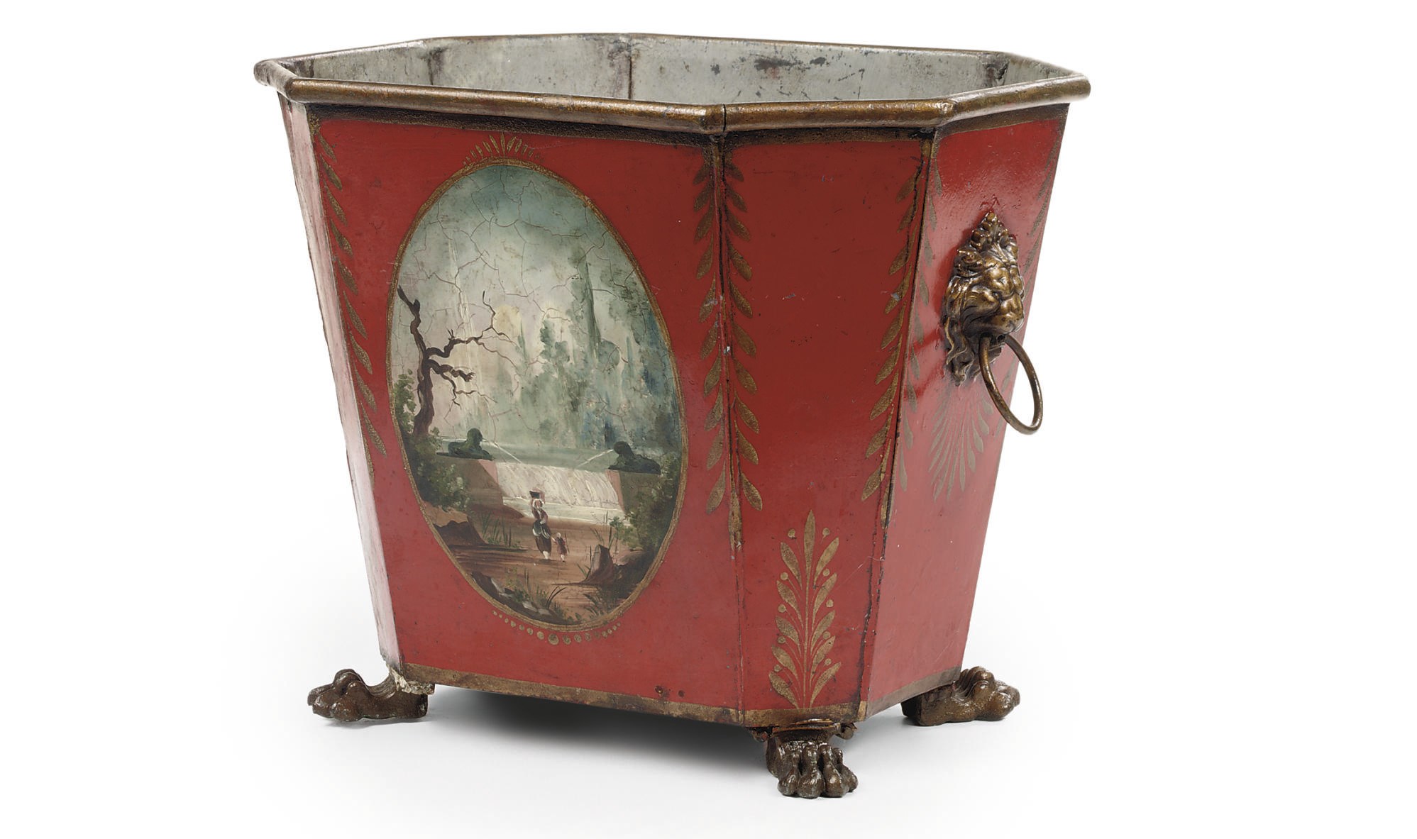 A NORTH EUROPEAN GILT AND RED 'TÔLE PEINTE' WASTE-PAPER BASKET