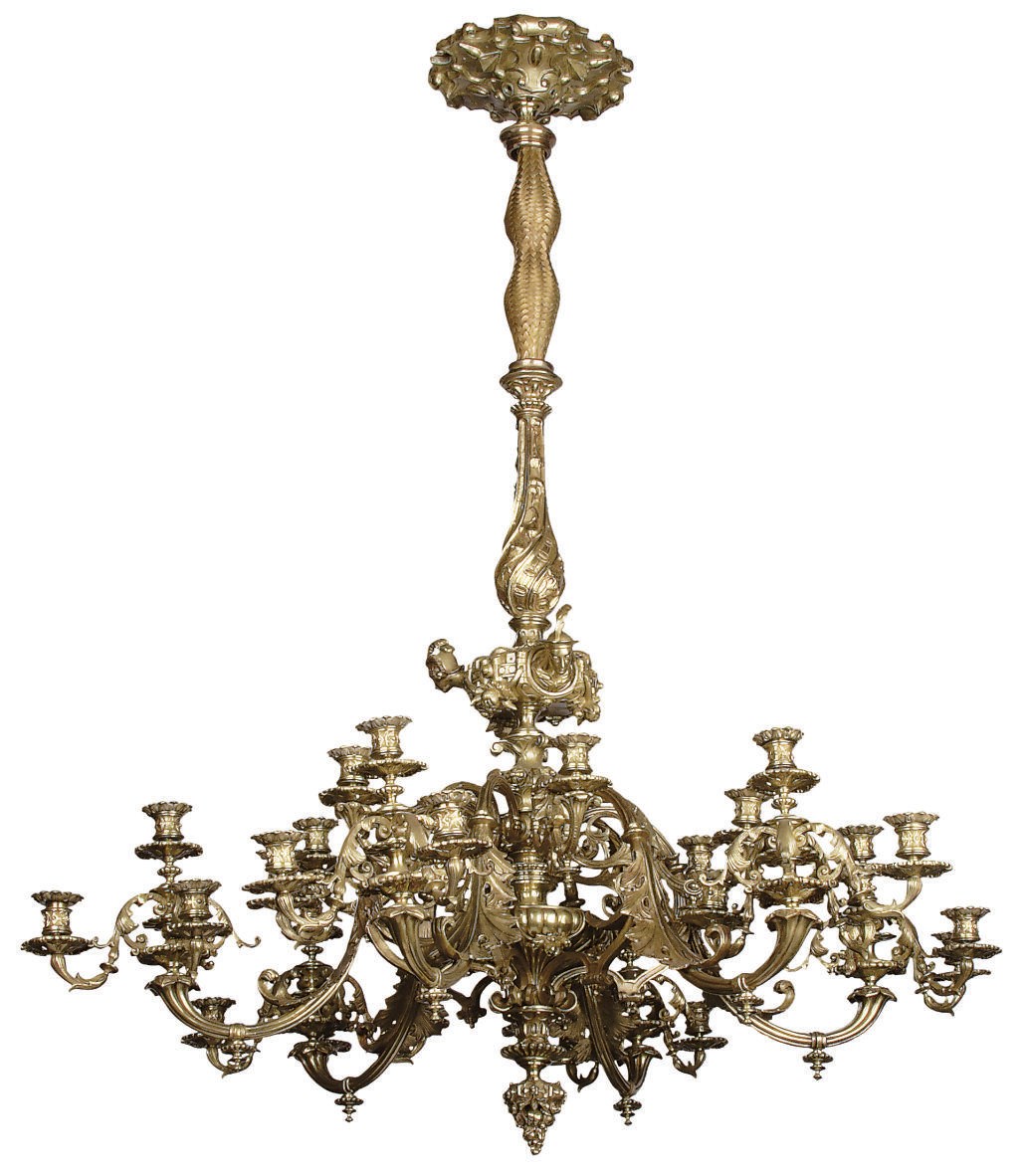 A NORTH EUROPEAN BRONZE TWENTY-FOUR LIGHT CHANDELIER
