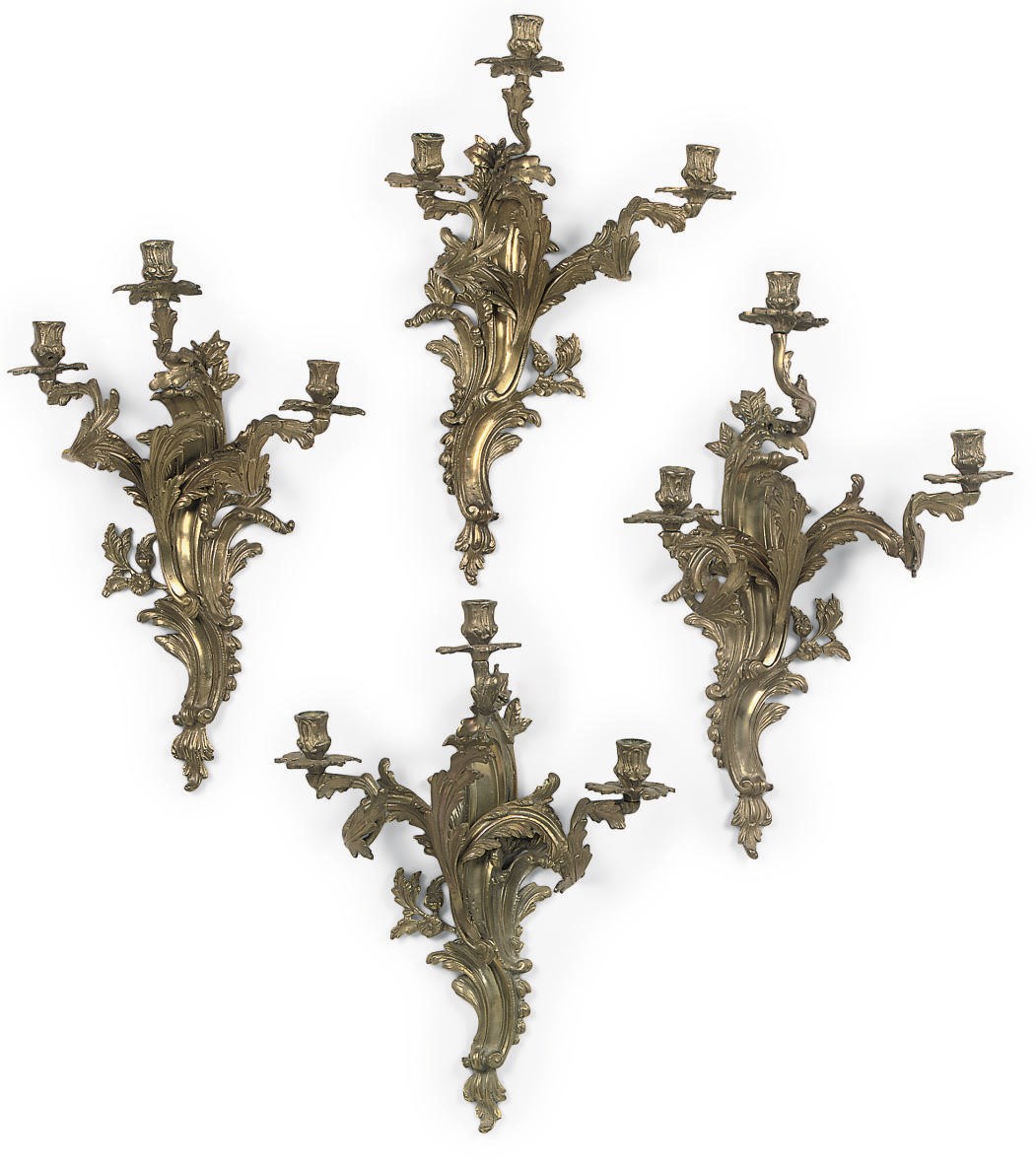 TWO SETS OF TWO GILT-BRASS THREE-LIGHT WALL APPLIQUES