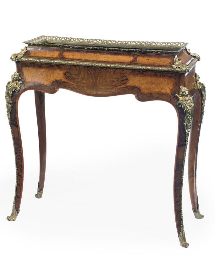 A NAPOLEON III ORMOLU-MOUNTED TULIPWOOD AND FRUITWOOD MARQUETRY JARDINIERE