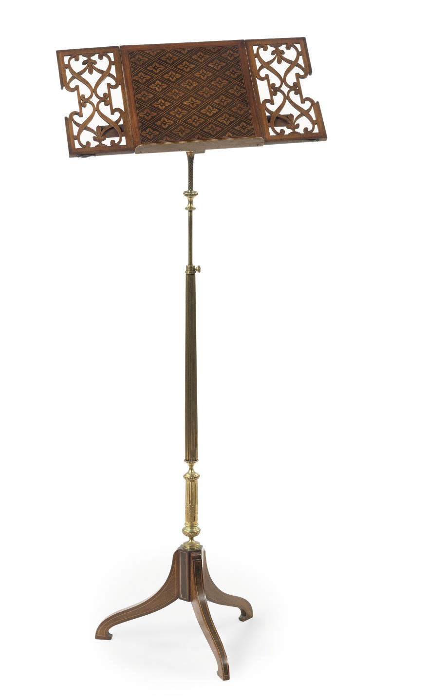 AN ENGLISH TULIPWOOD, MAHOGANY, SYCAMORE AND FRUITWOOD MARQUETRY MUSIC STAND
