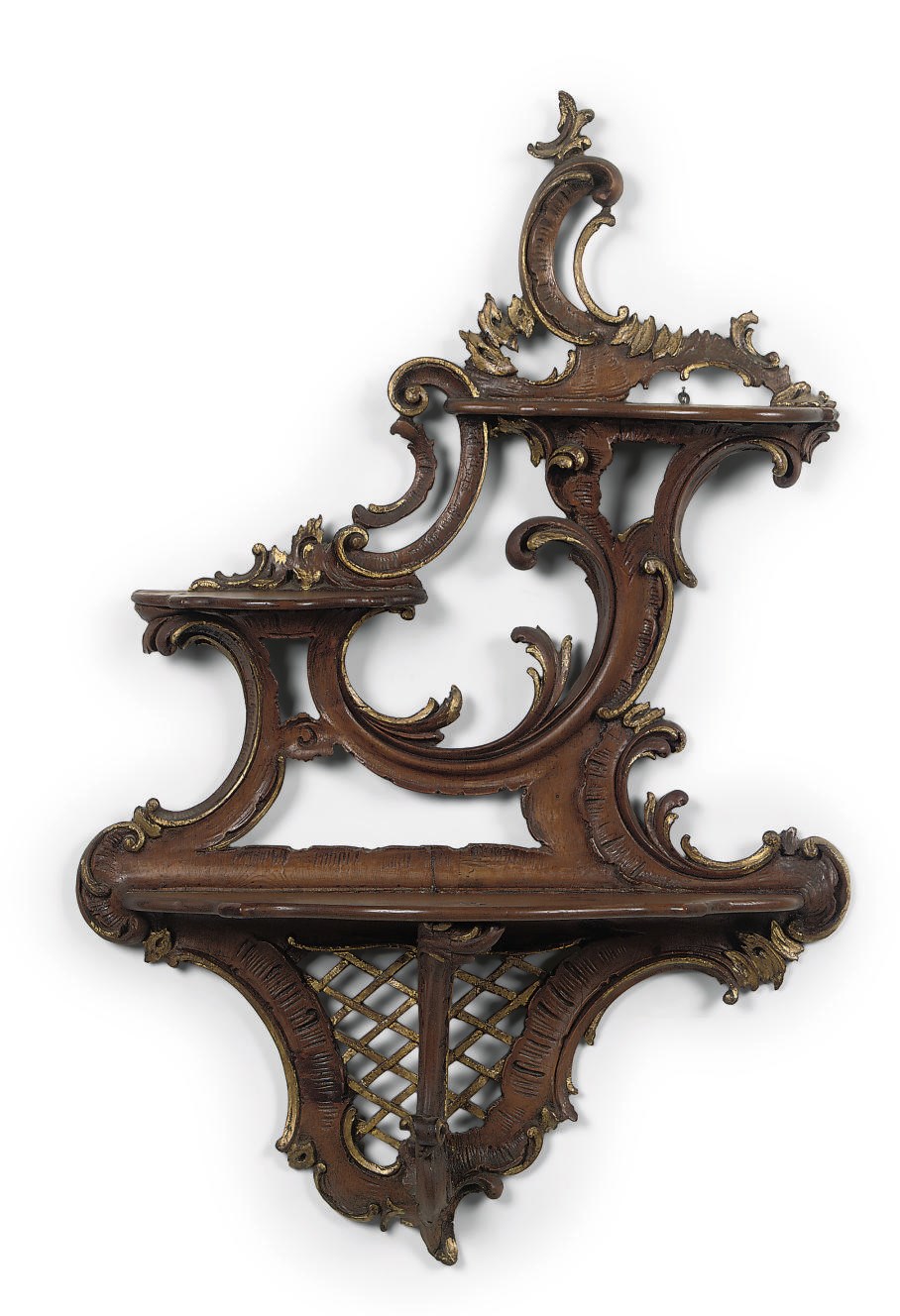 AN AUSTRIAN PARCEL-GILT AND STAINED-PINE WALL BRACKET